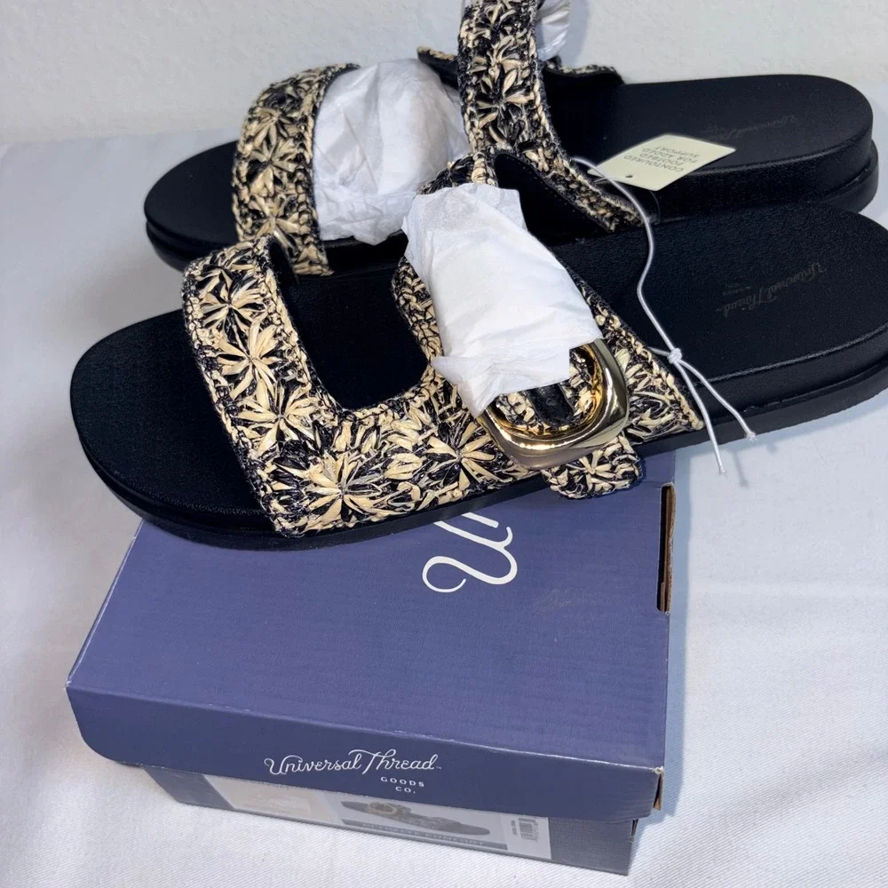 Universal Thread Stasie Flat Sandals 10 Onyx NEW Woven Floral Buckle Slide